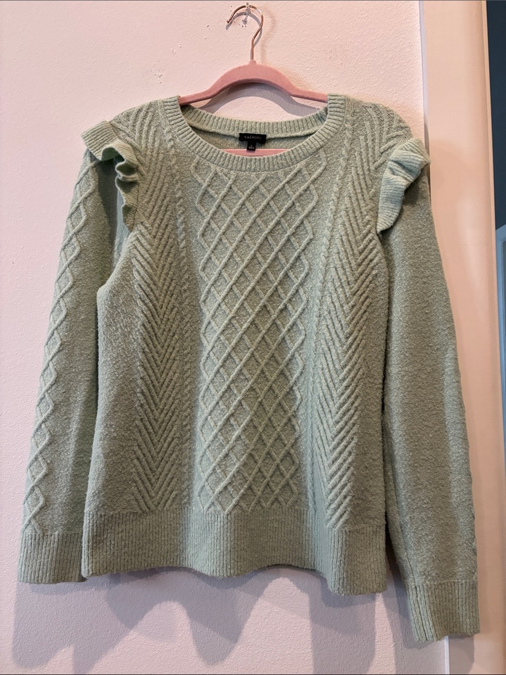 Talbots Mint Green Cable Knit Ruffle Shoulder Sweater Large